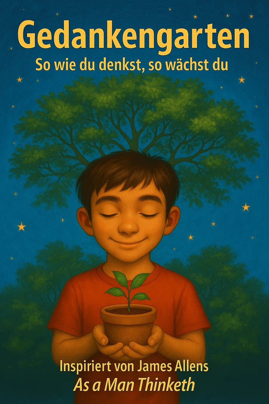 Buchcover von Gedankengarten: ein Junge hält einen Sämling, dahinter ein Baum vor Nachthimmel