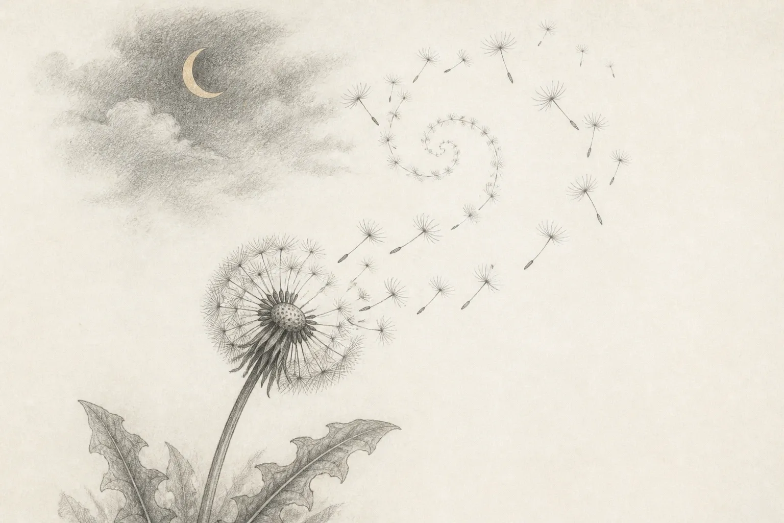 Bleistiftzeichnung: eine Pusteblume bei Nacht, deren Samen in einer Spirale davonschweben und nicht zur Ruhe kommen.