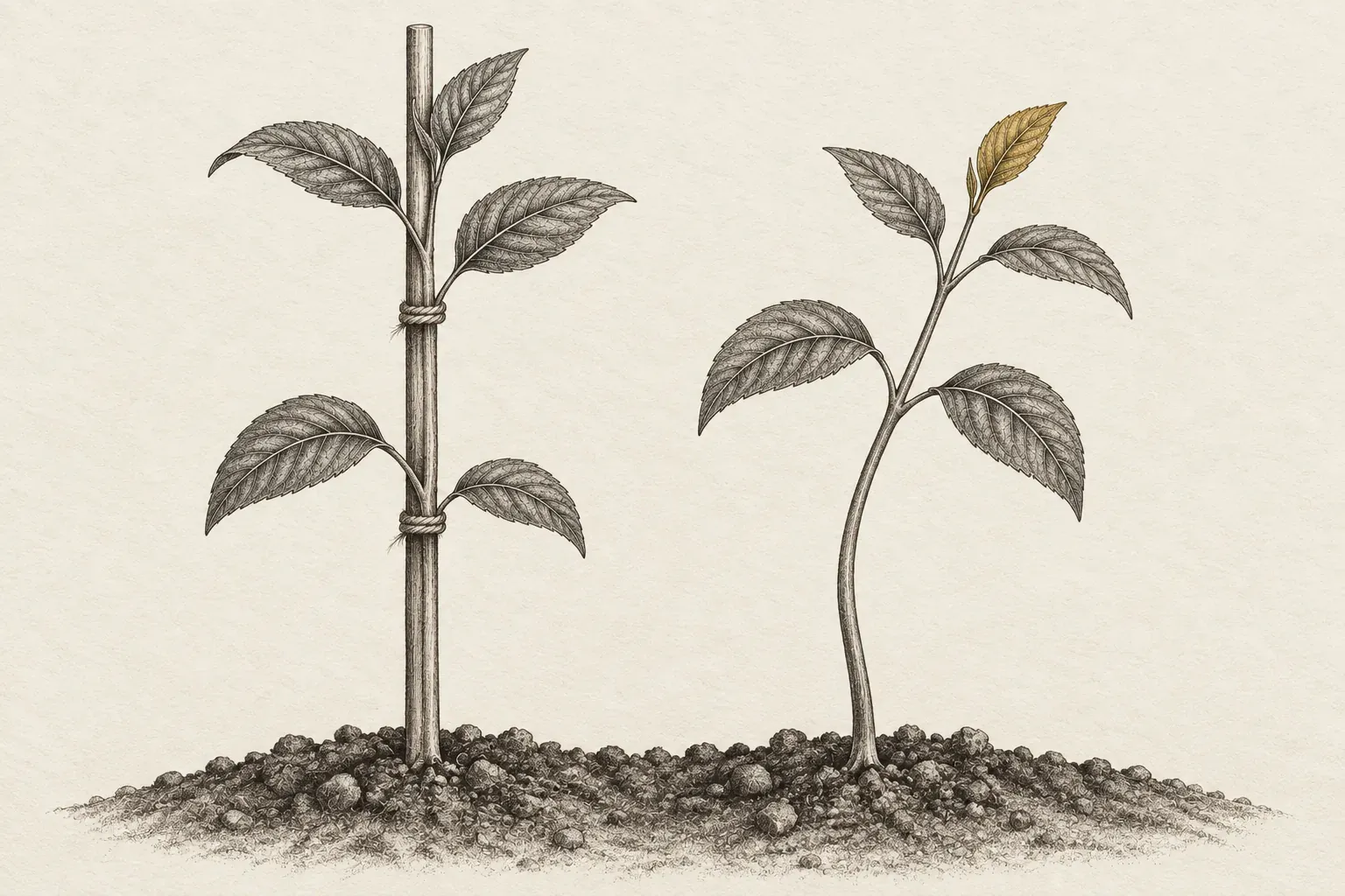Pencil drawing: two young plants of the same kind grow side by side from the same strip of soil. The left one is tied to a straight wooden stake with two loops of twine and stands bolt upright; the right one has no stake, its stem curves slightly, and its top leaf is gold.