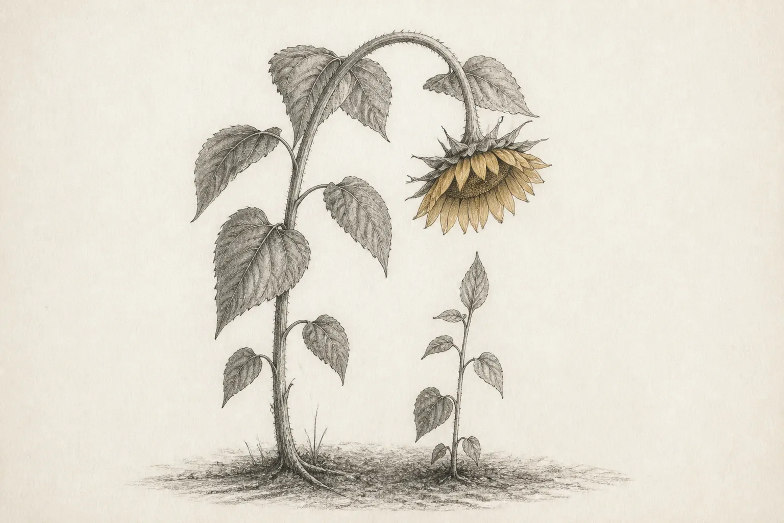 Bleistiftzeichnung: eine hohe Sonnenblume beugt ihren Kopf zu einer jungen Pflanze derselben Art herunter, die ihr entgegenwächst.